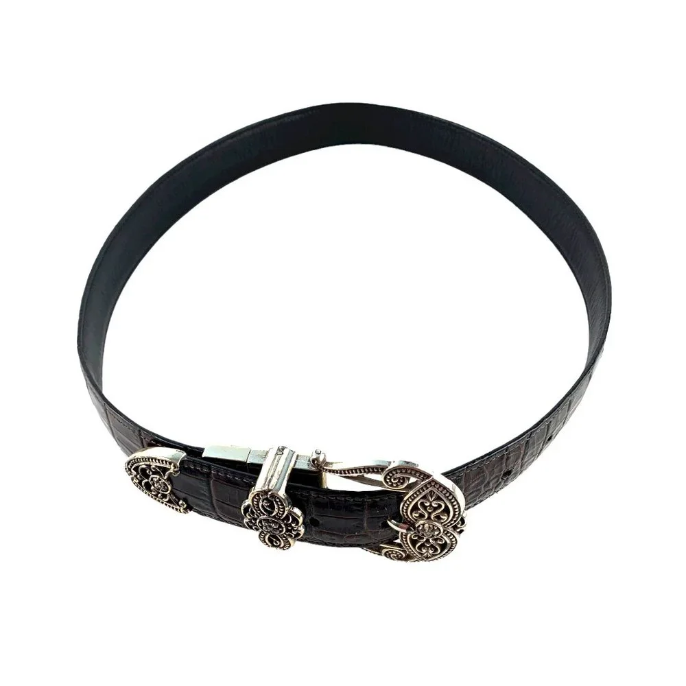 Vintage BRIGHTON 'B40369' Reversible Croc  Leather Belt‎ Silver Buckle